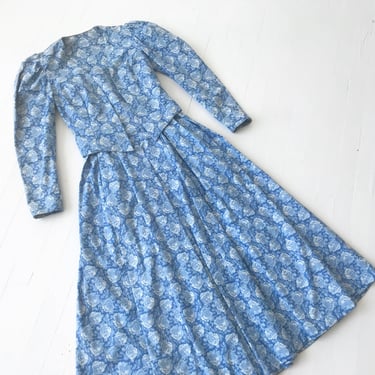 1980s Blue Rose Print Prairie Dress + Jacket Set 