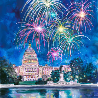 Fireworks over the U.S. Capitol and reflecting pool giclee Washington DC print by Cris Clapp Logan 