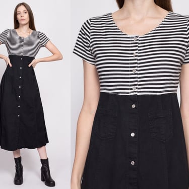 90s Grunge Two Tone Striped Midi Dress - Small | Vintage Button Front A Line Black & White Pocket Dress 