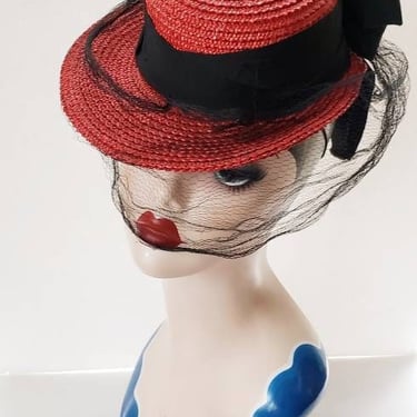 1930s Red Straw Toy Hat Large Black Bow / 30s Toy Hat Summer Cocktail Evelyn Varon New York Creation 