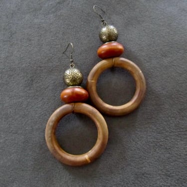 Big wooden earrings, natural Afrocentric earrings, mid century modern hoop earrings, orange 