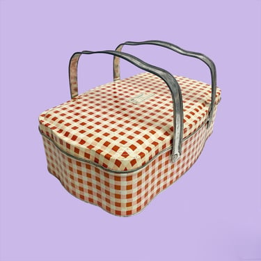 Vintage Lunch Box Retro 1960s Tin Metal + Red + Pink + White + Gingham Print + Top Handles + MCM Food or Candy Storage + Made in Italy 