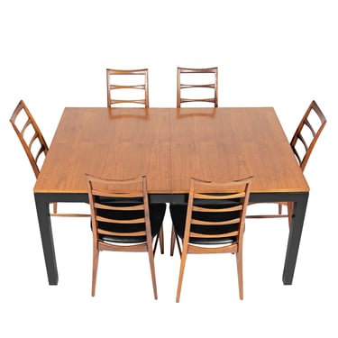 Expanding MCM Designer Dining Table w. Walnut Top + Black Parsons Legs