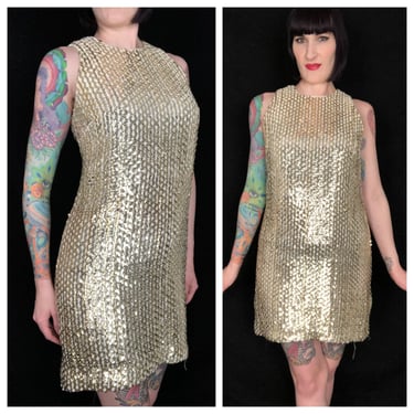 Dazzling Vintage 1960's Metallic Gold Fully Sequined Mod Cocktail Party Go Go Shift Dress - size Medium 