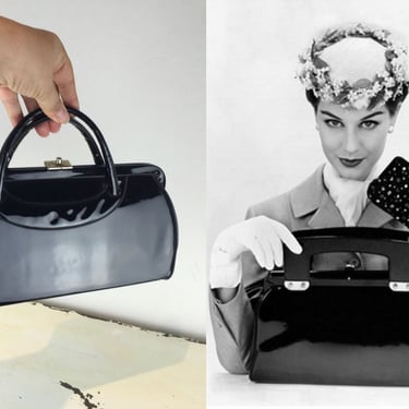 First Trip to the Big Apple - Vintage 1950s 1960s Ink Black Faux Patent Leather Vinyl Handbag Purse 