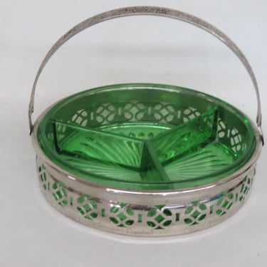 Green Depression Glass Divided Candy Relish Dish with Chrome Basket Tray 3810B