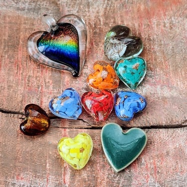 Need Hearts? 10 Glass Heart Beads~Colorful Bead Assortment Glass & Ceramic 