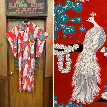 Vintage 1940’s Original “Kamehameha” Peacock Silky Rayon Tiki Pake Muu Batwing Sleeve Hawaiian Dress, Pake Muu, Hawaiian Dress, 1940s Dress 