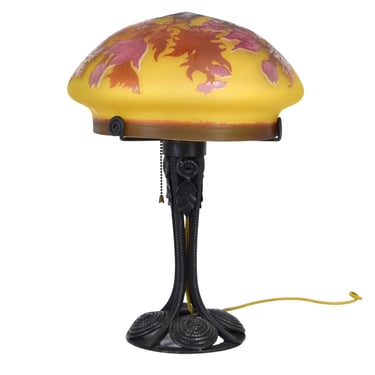 Vintage Galle Tip Art Glass Boudoir Lamp Wrought Iron Base 