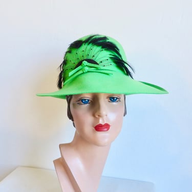 Vintage 1960's 70's Mod Lime Green Felt High Crown Hat with Black Feathers Trim Thomas Crown Affair Style 60's Millinery Mr. Michael 