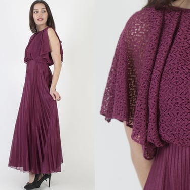 Vintage 70s Plum Color Grecian Disco Dress, Split Sleeve Sweeping Long Skirt, Crochet Pleated Cocktail Attire Maxi Gown 