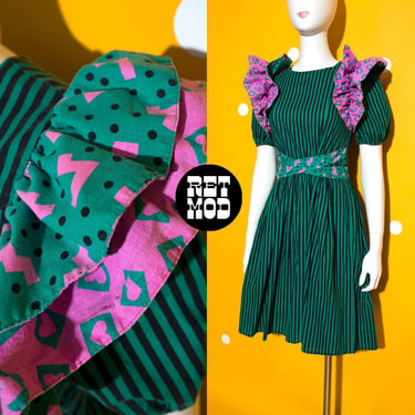 Outrageous Vintage 80s Green Black Stripe Fit & Flare Dress with Large Geometric Print Pink Ruffles 