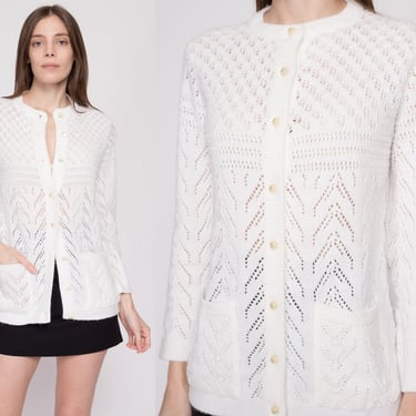 Small 70s White Eyelet Knit Cardigan | Vintage Boho Button Up Sweater 