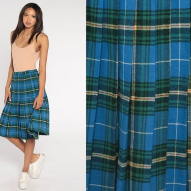 Wool Plaid Skirt Blue Scottish Tartan Skirt 70s Midi Kilt School Girl High Waist Checkered Retro Vintage Lolita 1970s Small S 