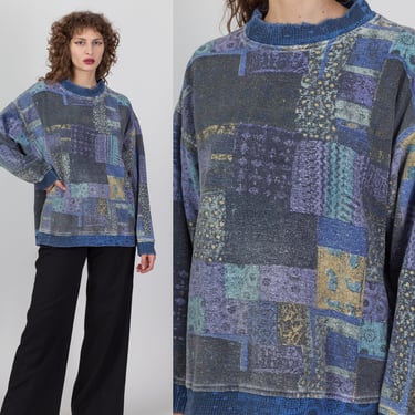 90s All-Over Patchwork Print Sweatshirt - Men's Medium | Vintage Distressed Oversized Long Sleeve Graphic Streetwear Pullover 