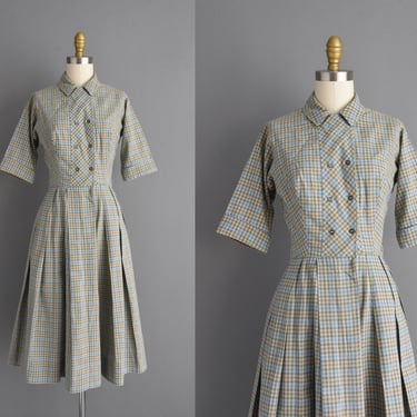 1950s vintage Dress | Plaid Cotton Full Skirt Shirtdress | XS 