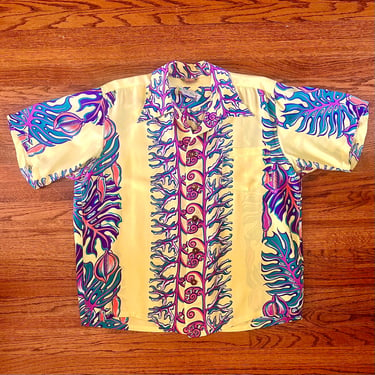 Spectacular 1940s Yellow Green And Purple Cold Rayon Monstera And Anthurium Border Print Hawaiian / Aloha Shirt By  Kamehameha Large 