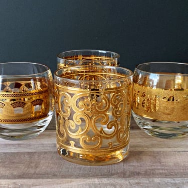 Mismatched Culver and Briard gold glassware, 4 Roly poly rocks cocktail glasses, Mid Century MCM collectible barware whiskey tumblers 