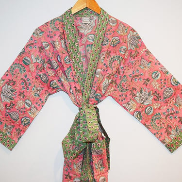 Hand Block Printed Kimono Robe, Long Bathrobe, Lightweight Cotton Robe, Dressing Gown, Wood Block Print Long Kimono, Pink Floral Kimono 