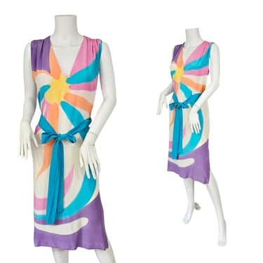 1980's Hand Painted White Silk Belted Shift Dress I Sz Med I Sun Pattern I Rainbow Print 