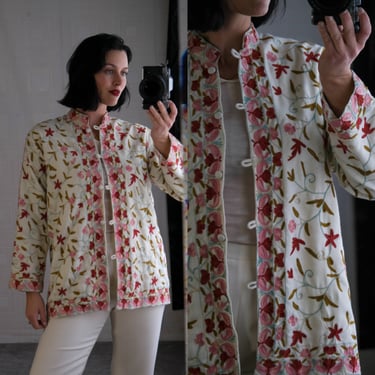 Vintage 90s Cashmere Pashmina Group Cashmere & Silk Jacket w/ Pastel Chainstitch Botanical Design | Handmade In India | 1990s Designer Coat 