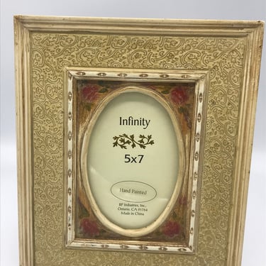 Vintage Antique White Hand Painted Frame Roses and Raised Gold Relief.  Fits 5" X 7" Picture 