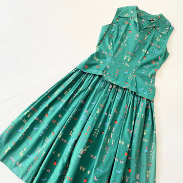 1950s Teal Flora + Fauna Dress 