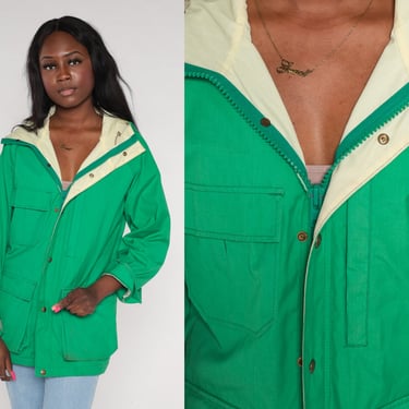Green Hooded Jacket 80s Woolrich Windbreaker Jacket Cargo Pocket Hoodie Zip Snap Up Basic Coat Hood Raincoat Retro Vintage 1980s Small S 