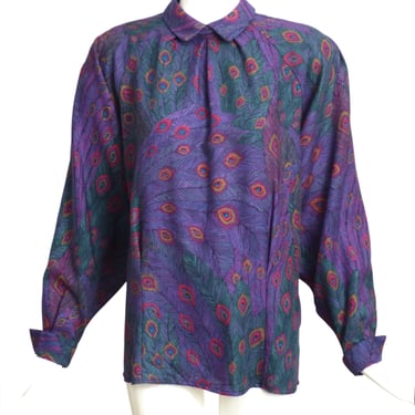 PERRY ELLIS- 1980s Wool Peacock Feather Print Blouse, Size 10