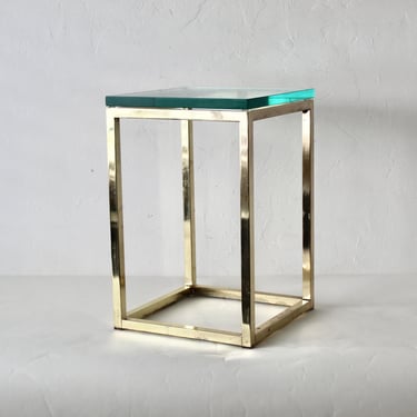 Milo Baughman Style Brass Gold Glass Rectangular Side Table 
