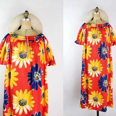 70s Orange Red, Yellow, Blue Hawaiian Maxi Dress / Vintage Hawaiian Dress / 60s Floral Dress / Size M/L/XL 