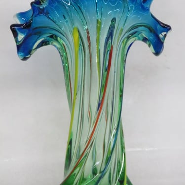 Mid Century Modern Hand Blown Glass Twisted Fan Rim Tall Vase 2996B