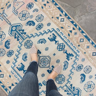 Vintage 4’1” x 6’9” Rug Medallion Geometric Design Light Royal Blue Camel Wool Low Pile Rug 1960s - FREE DOMESTIC SHIPPING 