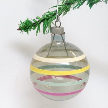 Vintage 1940's Unsilvered Hand Blown Glass Christmas Tree Ornament with Painted Stripes, Shiny Brite, Made in USA 