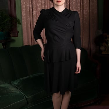 1940s Dress - Saucy New York Creation 40s Fringed Cocktail Dress in Ruched Black Rayon 