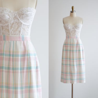 pastel plaid skirt 70s 80s vintage white pink skirt with pockets 