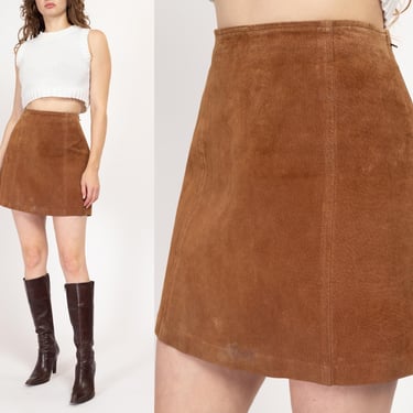 Medium 90s Honey Suede Mini Skirt Size 8 | Vintage High Waisted Minimalist Tan Brown Leather Boho Skirt 