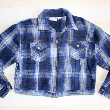 Vintage 90s Cropped Plaid Jacket, 1990s Wool Flannel Jacket, Zipper Jacket, Blue, Grunge, Coat 