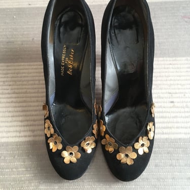 1940s Bob Baker Gold Flower Black Suede Shoes 40s Size 7.5 Heels Pumps 