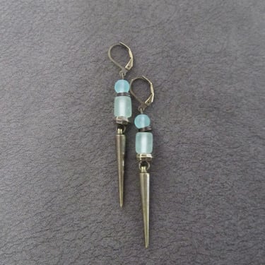 Sea green frosted glass earrings, bronze spike 