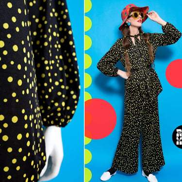 Slinky & Cool Vintage 60s 70s Black and Yellow Polka Dot 2-Piece Set of Pants and Tunic Top with Pussybow 