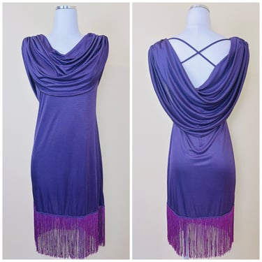 1970s Vintage Purple and Black Striped Nylon Dress / 70s / Seventies New Wave Disco Fringe / Fringed Dress / Size Small - Medium 
