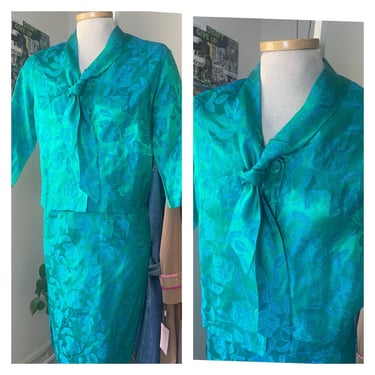 Vintage 1960s Brocade Skirt Suit | Emerald Green Floral 2-Piece with Bow Neck Blouse | Size Extra Small 