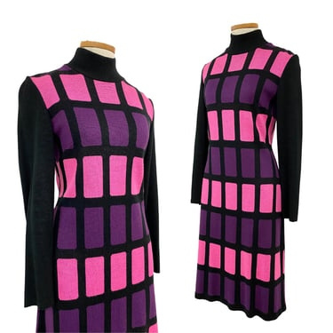 Vtg Vintage 1960s 60s Mod Color Block Monochrome Pink Purple Knit Sweater Dress 