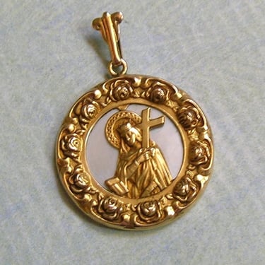 Vintage 10K Gold Religious Medal Pendant, Religious Mother of Pearl Medal With St. Therese, 10K Gold Religious Saint Therese Medal (#4415) 