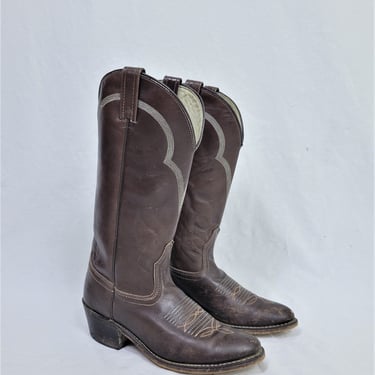 1970's Acme Brown White Stitching Distressed Western Cowboy Boots I Sz 7 