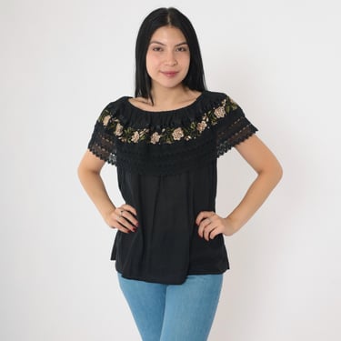 Vintage Mexican Floral Blouse 90s Off Shoulder Top Black Peasant Shirt Embroidered Flower Boho Crochet Puebla Hippie Tan 1990s Large xl 