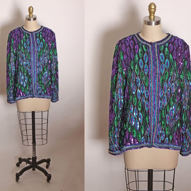 1980s Blue, Purple and Green Geometric Long Sleeve Beaded and Sequin Long Sleeve Cardigan Jacket Silk Jacket 