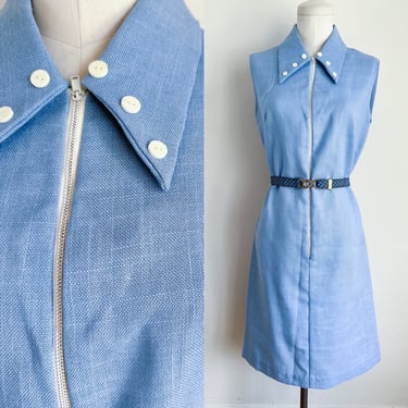 Vintage 1960s Blue Zip Front Dress with dagger collar / S 