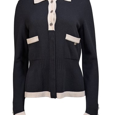 Chanel - Black Knit Quarter Button Sweater w/ Cream Trim Sz M